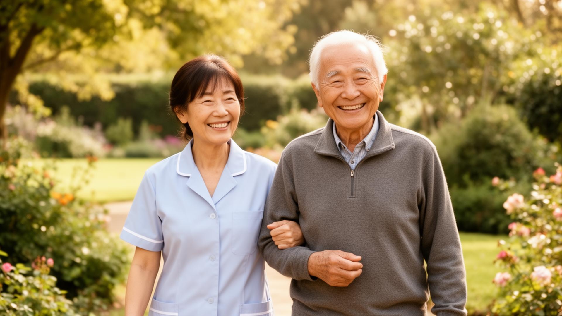 Caregiver walking arm-in-arm with a smiling senior in a sunny garden