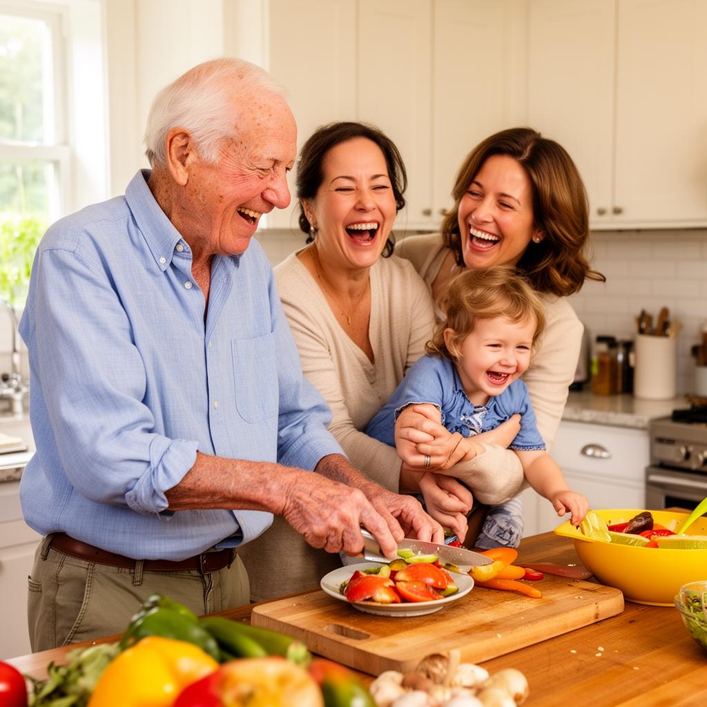 Three generations of a family laughing together while preparing a meal