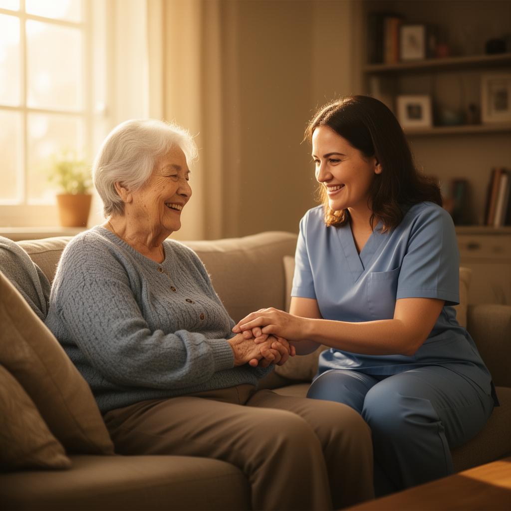 Caregiver holding hands with a smiling senior woman in a sunlit home